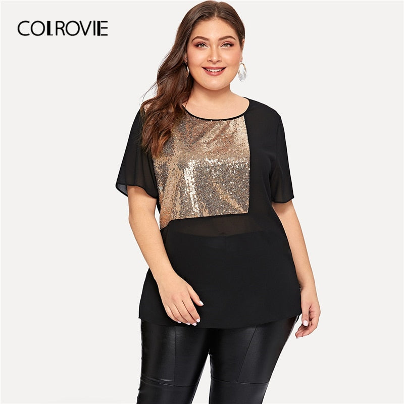 COLROVIE Plus Size Black Contrast Sequin Sheer Blouse Shirt Women 2019 Summer Short Sleeve Casual Office Ladies Blouses And Tops