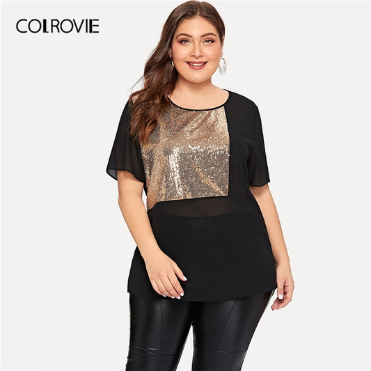 COLROVIE Plus Size Black Contrast Sequin Sheer Blouse Shirt Women 2019 Summer Short Sleeve Casual Office Ladies Blouses And Tops