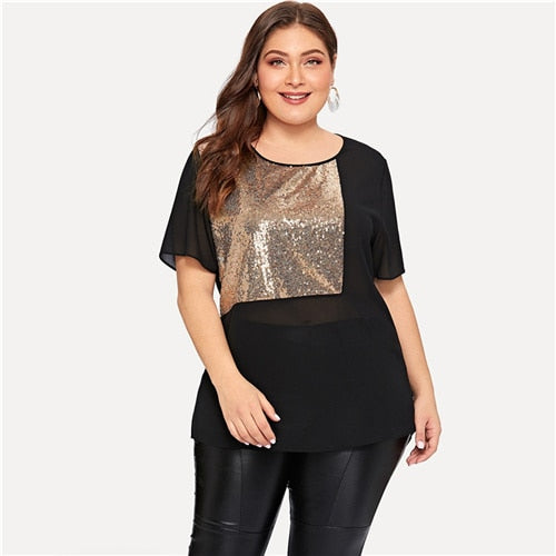 COLROVIE Plus Size Black Contrast Sequin Sheer Blouse Shirt Women 2019 Summer Short Sleeve Casual Office Ladies Blouses And Tops
