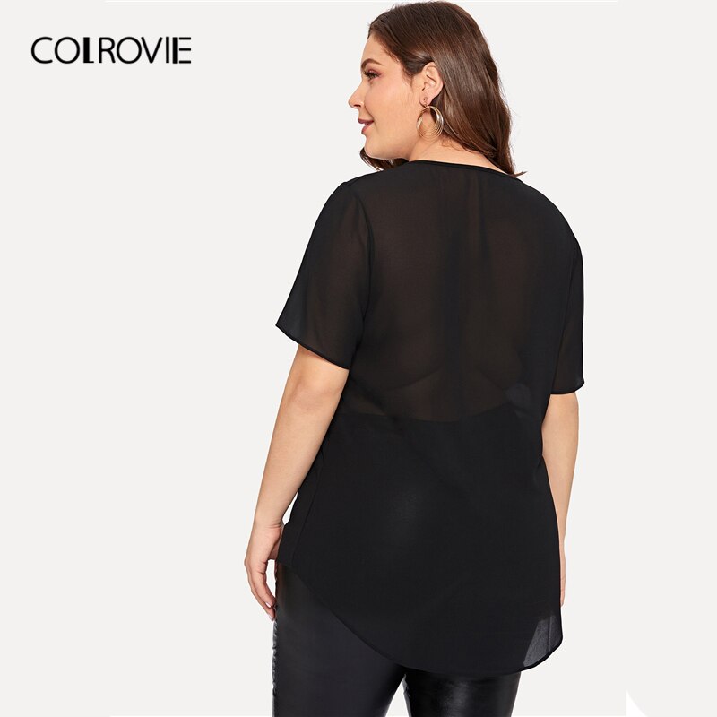 COLROVIE Plus Size Black Contrast Sequin Sheer Blouse Shirt Women 2019 Summer Short Sleeve Casual Office Ladies Blouses And Tops