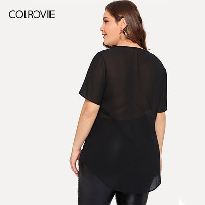 COLROVIE Plus Size Black Contrast Sequin Sheer Blouse Shirt Women 2019 Summer Short Sleeve Casual Office Ladies Blouses And Tops
