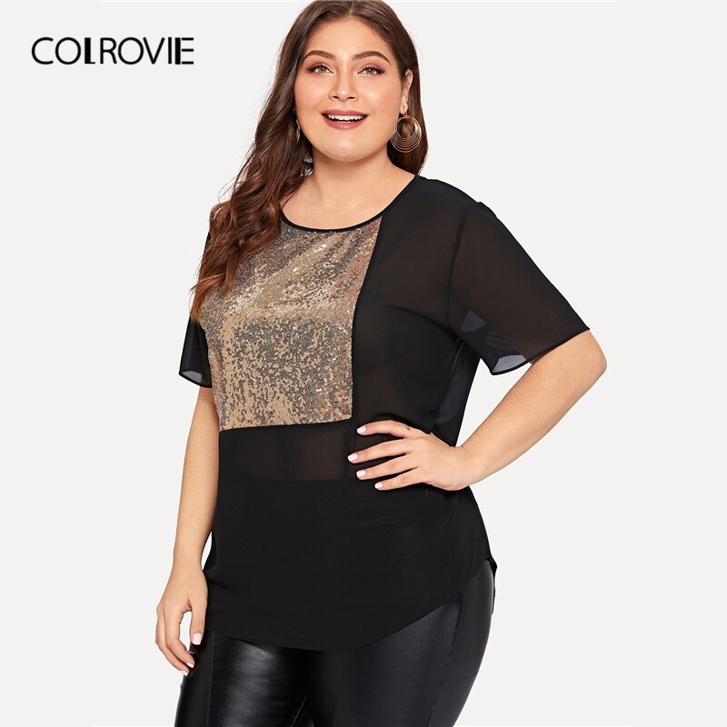 COLROVIE Plus Size Black Contrast Sequin Sheer Blouse Shirt Women 2019 Summer Short Sleeve Casual Office Ladies Blouses And Tops