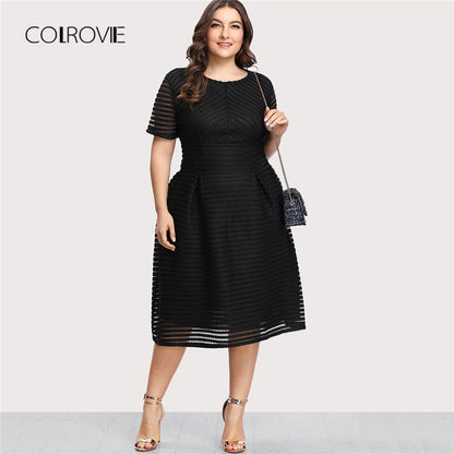 COLROVIE Black Pleated High Waist Striped Mesh Sheer Sexy Dress Women Autumn Party Dress Elegant Long Dresses Plus Sizes
