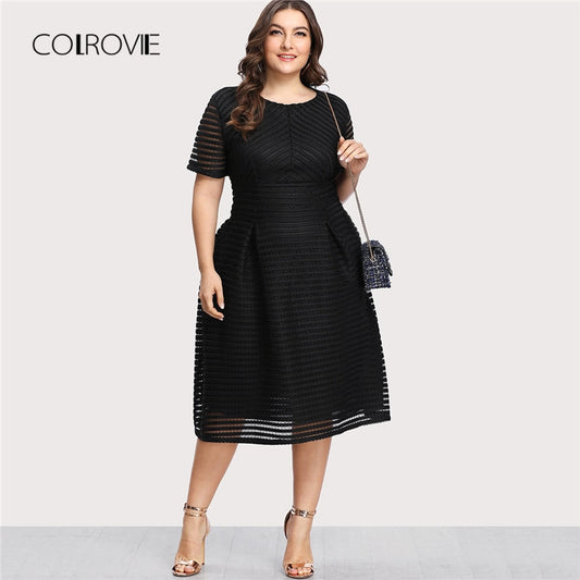 COLROVIE Black Pleated High Waist Striped Mesh Sheer Sexy Dress Women Autumn Party Dress Elegant Long Dresses Plus Sizes