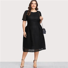 将图片加载到图库查看器，COLROVIE Black Pleated High Waist Striped Mesh Sheer Sexy Dress Women Autumn Party Dress Elegant Long Dresses Plus Sizes
