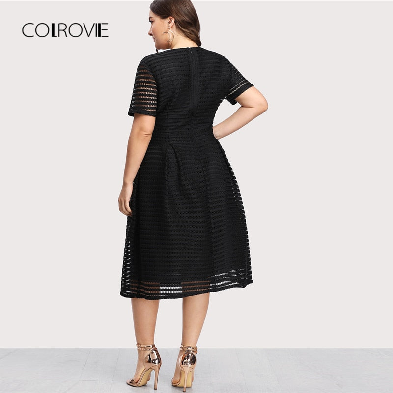 COLROVIE Black Pleated High Waist Striped Mesh Sheer Sexy Dress Women Autumn Party Dress Elegant Long Dresses Plus Sizes