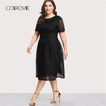 COLROVIE Black Pleated High Waist Striped Mesh Sheer Sexy Dress Women Autumn Party Dress Elegant Long Dresses Plus Sizes
