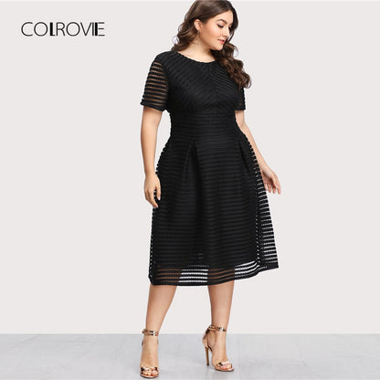 COLROVIE Black Pleated High Waist Striped Mesh Sheer Sexy Dress Women Autumn Party Dress Elegant Long Dresses Plus Sizes