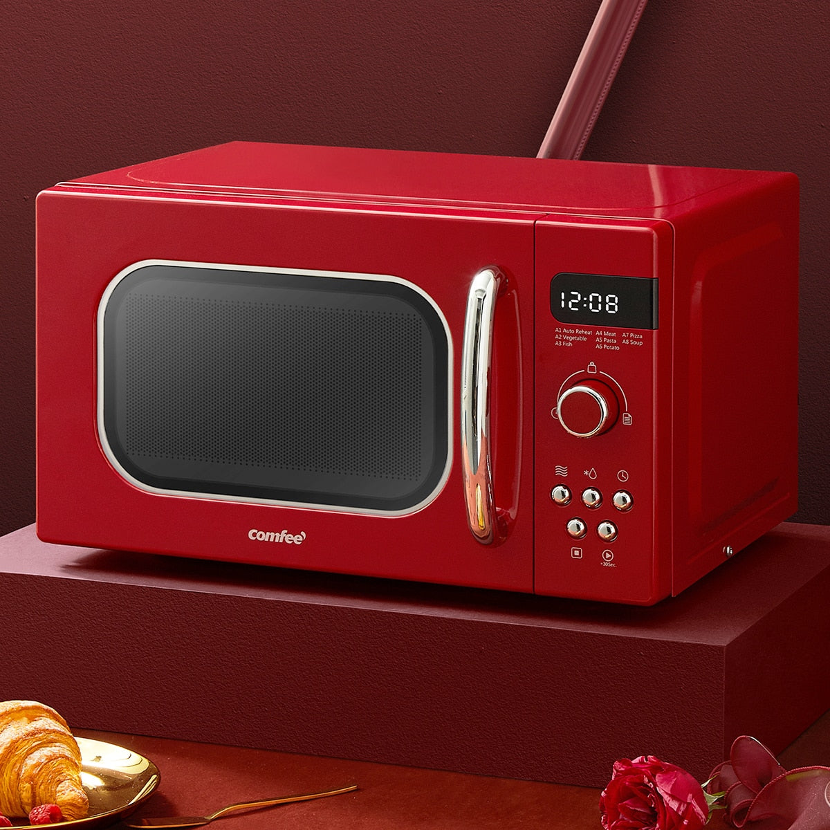 COMFEE Red 800W 20L Microwave Oven with 8 Auto Menus 5 Cooking Power Levels and Express Cook Button Passionate Retro Style