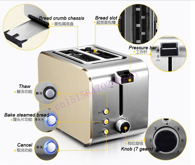 CUKYI Toaster Stainless steel household automatic 2 piece baking bread machine 3.8CM wide slot automatically power off