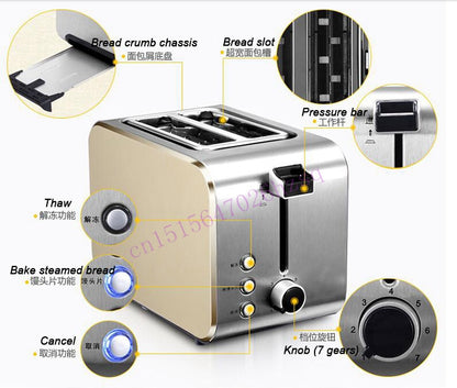 CUKYI Toaster Stainless steel household automatic 2 piece baking bread machine 3.8CM wide slot automatically power off