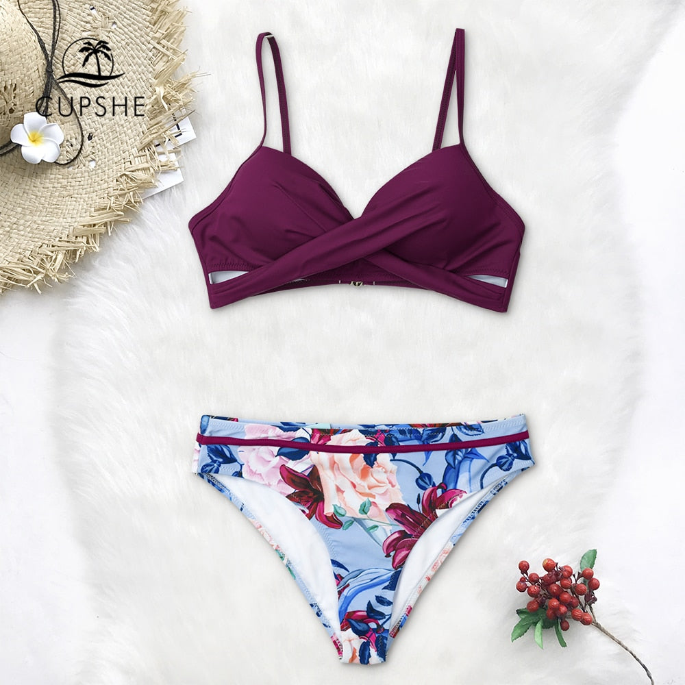 CUPSHE Push Up Floral Wrap Bikini Sets Women Sexy Thong Two Pieces Swimsuits 2021 New Girl Beach Bathing Suits Swimwear