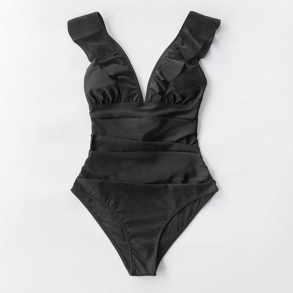 CUPSHE Solid Black Ruffled One-piece Swimsuit Women Sexy Lace up Monokini Swimwear 2021 New Girl Beach Bathing Suits