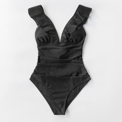 CUPSHE Solid Black Ruffled One-piece Swimsuit Women Sexy Lace up Monokini Swimwear 2021 New Girl Beach Bathing Suits