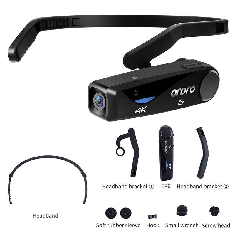Camcorder 4K Head Mounted Camera ORDRO EP6 Rechargeable Wearable 4K Video Camera FHD 1080P 60FPS Vlog Camera Recorder Lightweigh