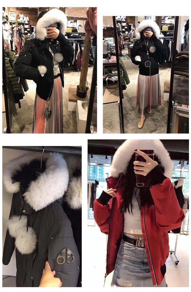 Canadian winter white goose down scissors down jacket women's long large wool collar thickened men's Moose short jacket