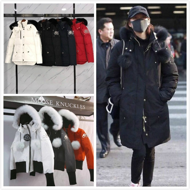 Canadian winter white goose down scissors down jacket women's long large wool collar thickened men's Moose short jacket