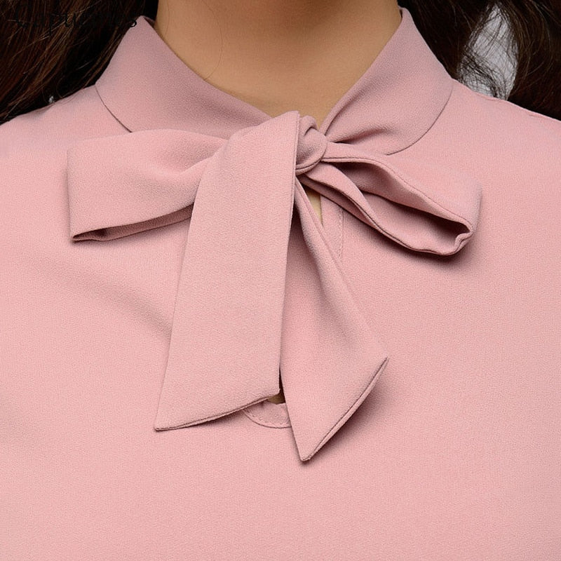 Capucines Elegant Bow Tie Women Shirt Spring Autumn Ladies Solid Long Sleeve Chiffon Shirts Casual Blouses Vintage Tops Blusas