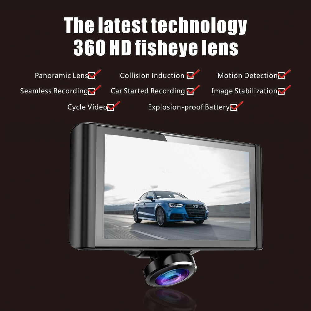 Car DVR Camera Dash Cam 360 degree Fisheye Lens  HD 1080P Video Recorder 5 inch LCD IPS Touch Screen Loop Recording Easy install