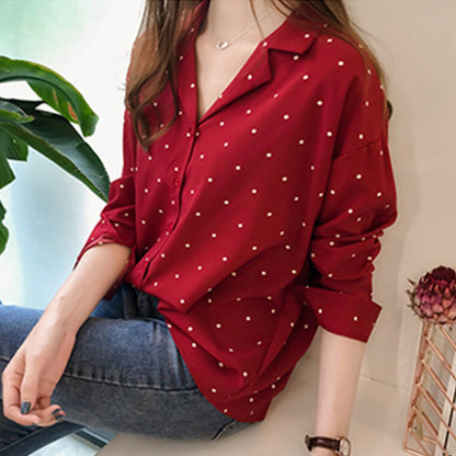 Chiffon Polka Dots Blouse Shirt Women Top Casual V Neck Long Sleeves Blouses