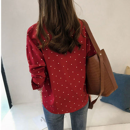 Chiffon Polka Dots Blouse Shirt Women Top Casual V Neck Long Sleeves Blouses