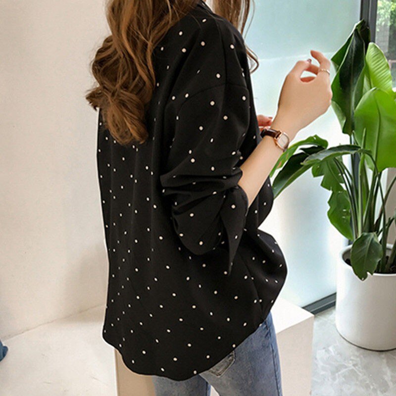 Chiffon Polka Dots Blouse Shirt Women Top Casual V Neck Long Sleeves Blouses