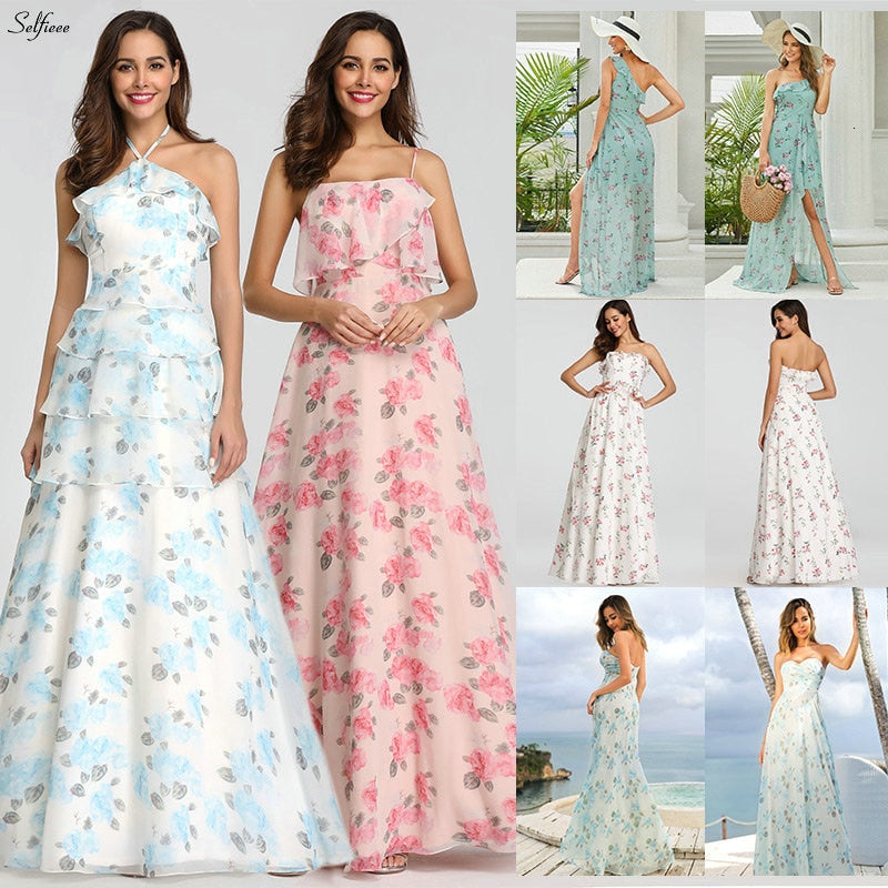 Casual Floral Printed Maxi Dress A Line Ruffles Spaghetti Straps Chiffon Women Dress Ladies Simple Beach Party Dress Vestidos