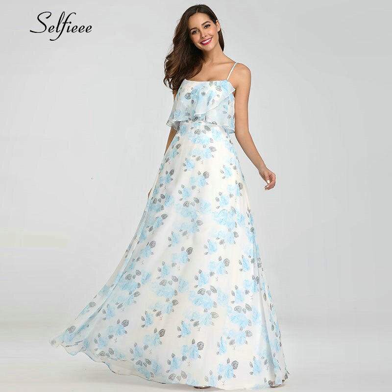Casual Floral Printed Maxi Dress A Line Ruffles Spaghetti Straps Chiffon Women Dress Ladies Simple Beach Party Dress Vestidos