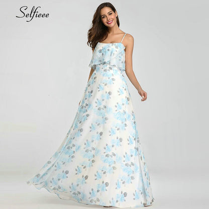 Casual Floral Printed Maxi Dress A Line Ruffles Spaghetti Straps Chiffon Women Dress Ladies Simple Beach Party Dress Vestidos