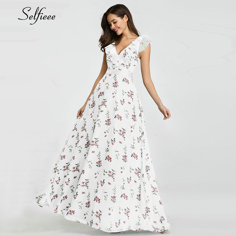 Casual Floral Printed Maxi Dress A Line Ruffles Spaghetti Straps Chiffon Women Dress Ladies Simple Beach Party Dress Vestidos