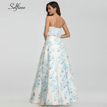 Casual Floral Printed Maxi Dress A Line Ruffles Spaghetti Straps Chiffon Women Dress Ladies Simple Beach Party Dress Vestidos