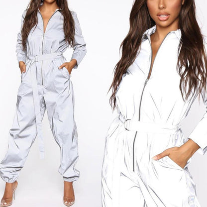Reflective Jumpsuit Fashion Women's Long Sleeve Zipper One Piece Jumpsuit With Belt Female Glow Overalls Casual Loose Plus Size