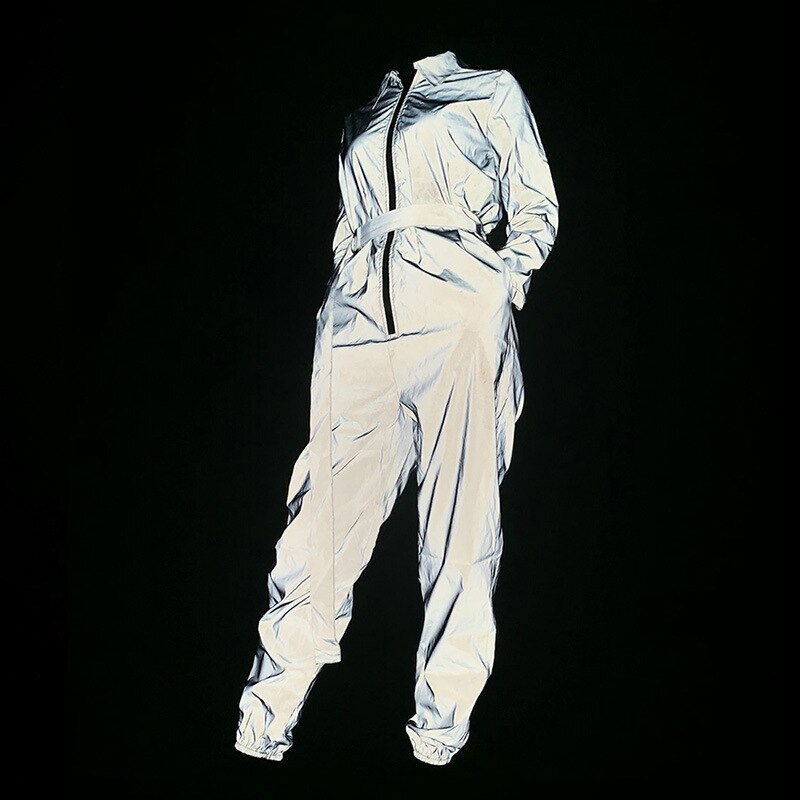 Reflective Jumpsuit Fashion Women's Long Sleeve Zipper One Piece Jumpsuit With Belt Female Glow Overalls Casual Loose Plus Size
