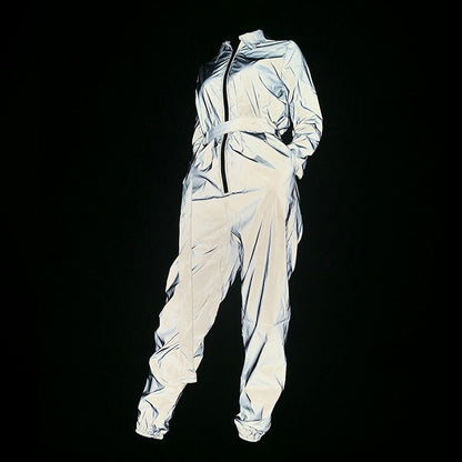 Reflective Jumpsuit Fashion Women's Long Sleeve Zipper One Piece Jumpsuit With Belt Female Glow Overalls Casual Loose Plus Size