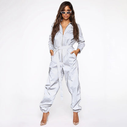 Reflective Jumpsuit Fashion Women's Long Sleeve Zipper One Piece Jumpsuit With Belt Female Glow Overalls Casual Loose Plus Size