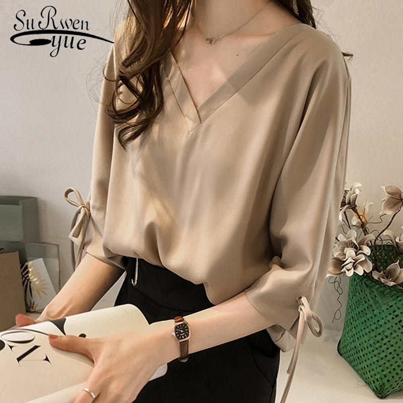 Casual Plus Size 3XL 4XL Summer Tops Solid V Collar OL Blouse Fashion Woman Blouses 2019 Chiffon Blouse Shirt Women Tops 1034 40