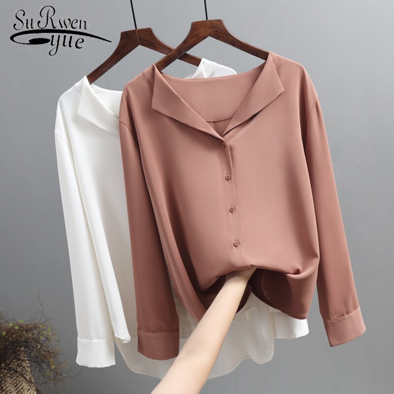 2020 Autumn Women's Chiffon Blouse Office Lady V-neck Button Loose Clothing 5104 50