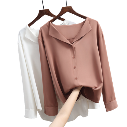 2020 Autumn Women's Chiffon Blouse Office Lady V-neck Button Loose Clothing 5104 50