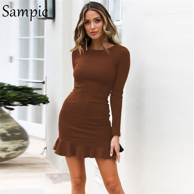 Celandine Women Long Sleeve O neck Short Dress Elegant Ruffles Wrap Party Autumn Winter Dress 2019