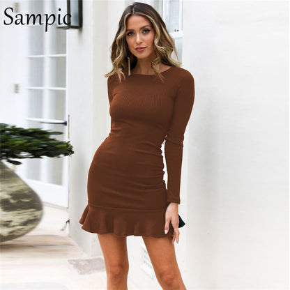 Celandine Women Long Sleeve O neck Short Dress Elegant Ruffles Wrap Party Autumn Winter Dress 2019