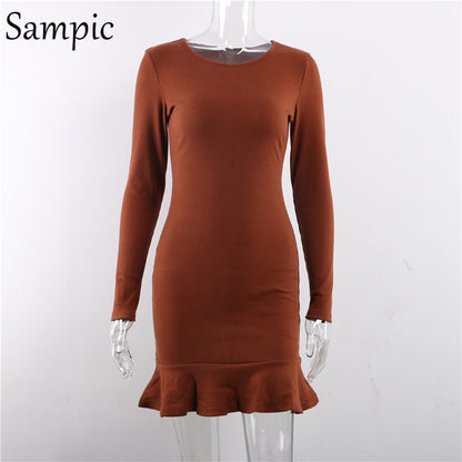 Celandine Women Long Sleeve O neck Short Dress Elegant Ruffles Wrap Party Autumn Winter Dress 2019