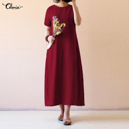 Celmia Women's Vintage Linen Dress 2019 Summer Shirt Dress Short Sleeve Solid Casual Loose Party Beach Maxi Long Vestidos Hot Sale