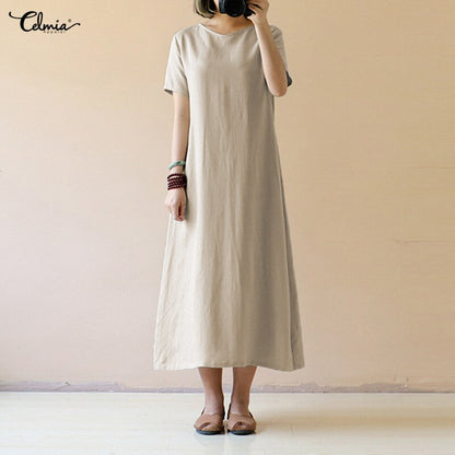 Celmia Women's Vintage Linen Dress 2019 Summer Shirt Dress Short Sleeve Solid Casual Loose Party Beach Maxi Long Vestidos Hot Sale