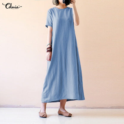 Celmia Women's Vintage Linen Dress 2019 Summer Shirt Dress Short Sleeve Solid Casual Loose Party Beach Maxi Long Vestidos Hot Sale