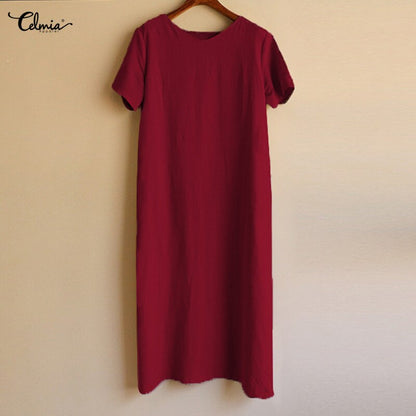 Celmia Women's Vintage Linen Dress 2019 Summer Shirt Dress Short Sleeve Solid Casual Loose Party Beach Maxi Long Vestidos Hot Sale