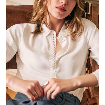 Charlotte Silk Shirts Women Summer Autumn Long Sleeve Lace Patchwork Chic Elegant Blouse Vintage Office Lady White Tunic