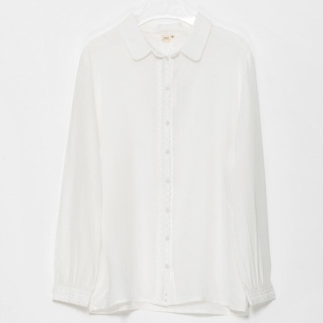 Charlotte Silk Shirts Women Summer Autumn Long Sleeve Lace Patchwork Chic Elegant Blouse Vintage Office Lady White Tunic