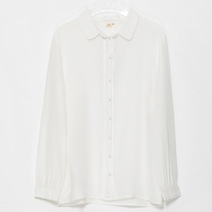 Charlotte Silk Shirts Women Summer Autumn Long Sleeve Lace Patchwork Chic Elegant Blouse Vintage Office Lady White Tunic