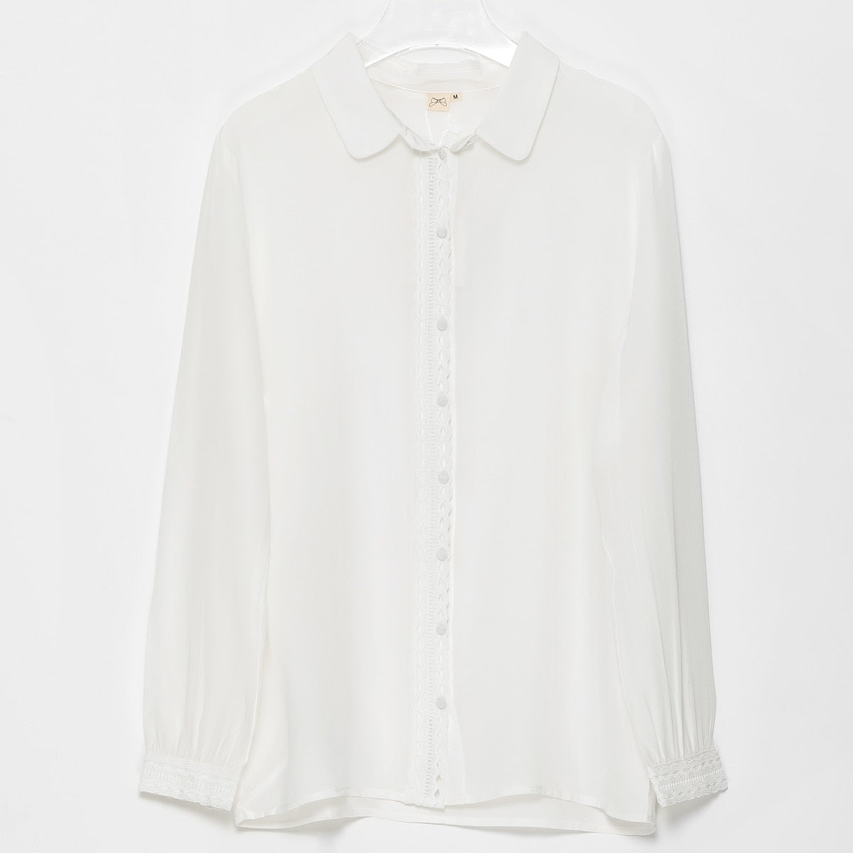Charlotte Silk Shirts Women Summer Autumn Long Sleeve Lace Patchwork Chic Elegant Blouse Vintage Office Lady White Tunic