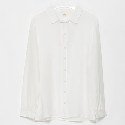 Charlotte Silk Shirts Women Summer Autumn Long Sleeve Lace Patchwork Chic Elegant Blouse Vintage Office Lady White Tunic